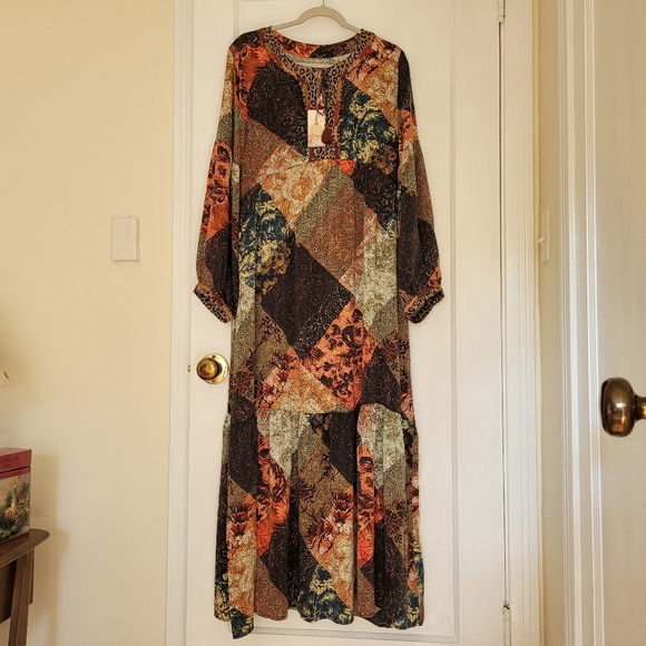 Johnny Was Large Mabel Boho Maxi Dress Multicolor 100% Silk